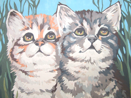2 Vintage Paint By Numbers Framed Pictures Kittens Cats 1950's 60's Retro MCM - Picture 4 of 12