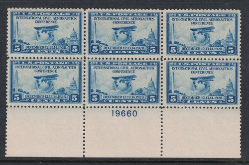 SCOTT#650, 5c BLUE AERONAUTICS CONFERENCE PLATE BLOCK OF 6. NH