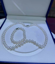 Real 18" AAAA 9-8MM AAAA akoya NATURAL WHITE PEARL NECKLACE BRACELET 14K set