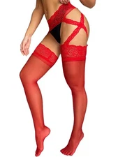 deladola Red Lace Thigh High Stockings Plus Size Sheer Suspender Pantyhose Hi...
