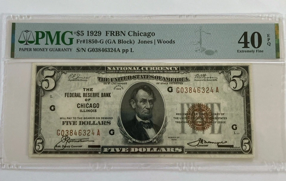 $5 1929 FRBN Chicago Fr#1850-G PMG Graded 40 Extremely Fine - Image 2 of 4