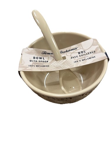 Tommy Bahama CREAM Melamine Brown Crackle EDGE Bowl With Spoon 10 Oz NWT 4” Wide - Picture 3 of 8