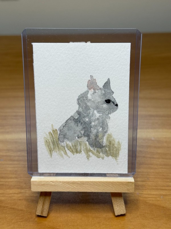 ACEO Original Painting- "Cat in field of Grass" Watercolor Painting 2.5x3.5