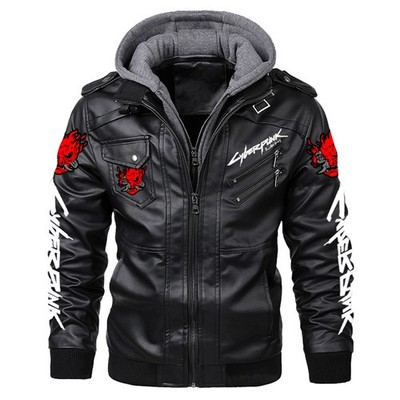 Cyberpunk Samurai 2077 Gamer Black Hooded Leather Motorcycle Biker Punk Jacket