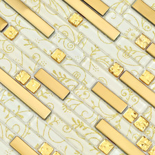 Hominter Metallic Glass Tile Luxury Gold Linear Interlocking Elegant Floral