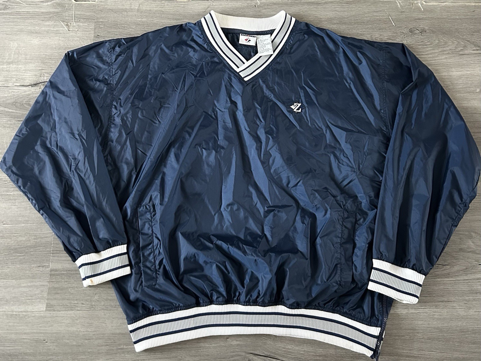 Vintage JERZEES Navy Blue Pullover Windbreaker Jacket V Embroidered Logo Size L
