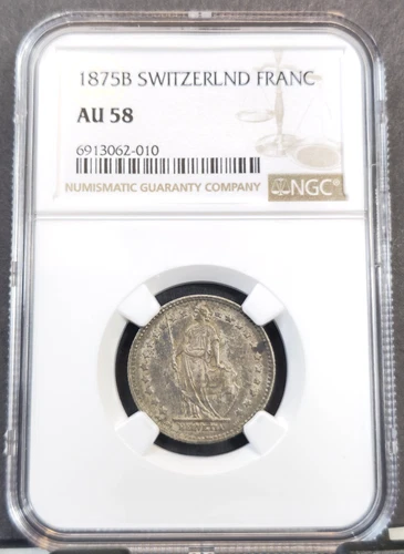 1875 SWITZERLAND SILVER 1 FRANC HELVETIA NGC AU 58 RARE FIRST YEAR HIGH GRADE