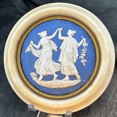 VTG Jasperware Style Blue W/White Relief Wall Art Cream Frame  4.5'' CA Richards
