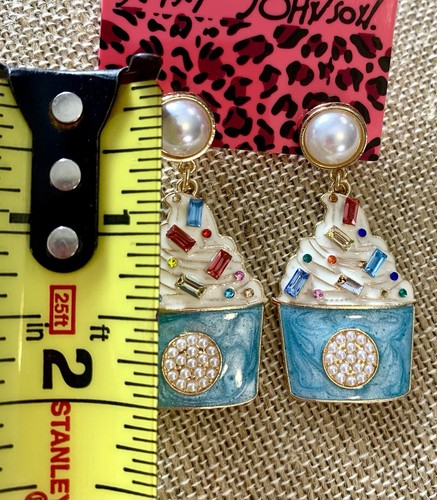 Betsey Johnson Ice Cream Dangle Earrings 2” Blue Enamel, Pearl, Rhinestones - Picture 7 of 7
