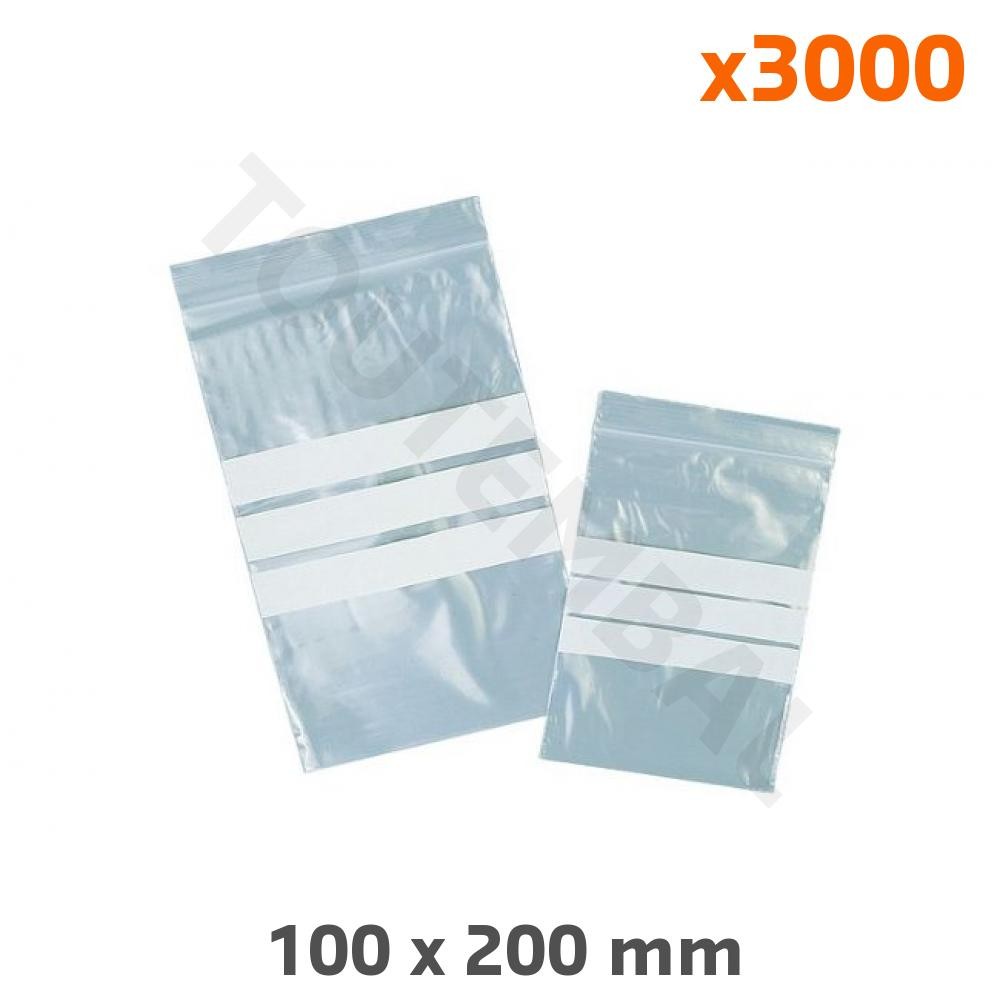 Sachet zip à 3 bandes blanches 100x200 mm lot de 3000 sachets en plastique transparent pour tri
