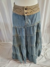 Vintage 70s Full Denim Maxi Tiered Skirt Prairie Cottage Western Sz 16 Virginia
