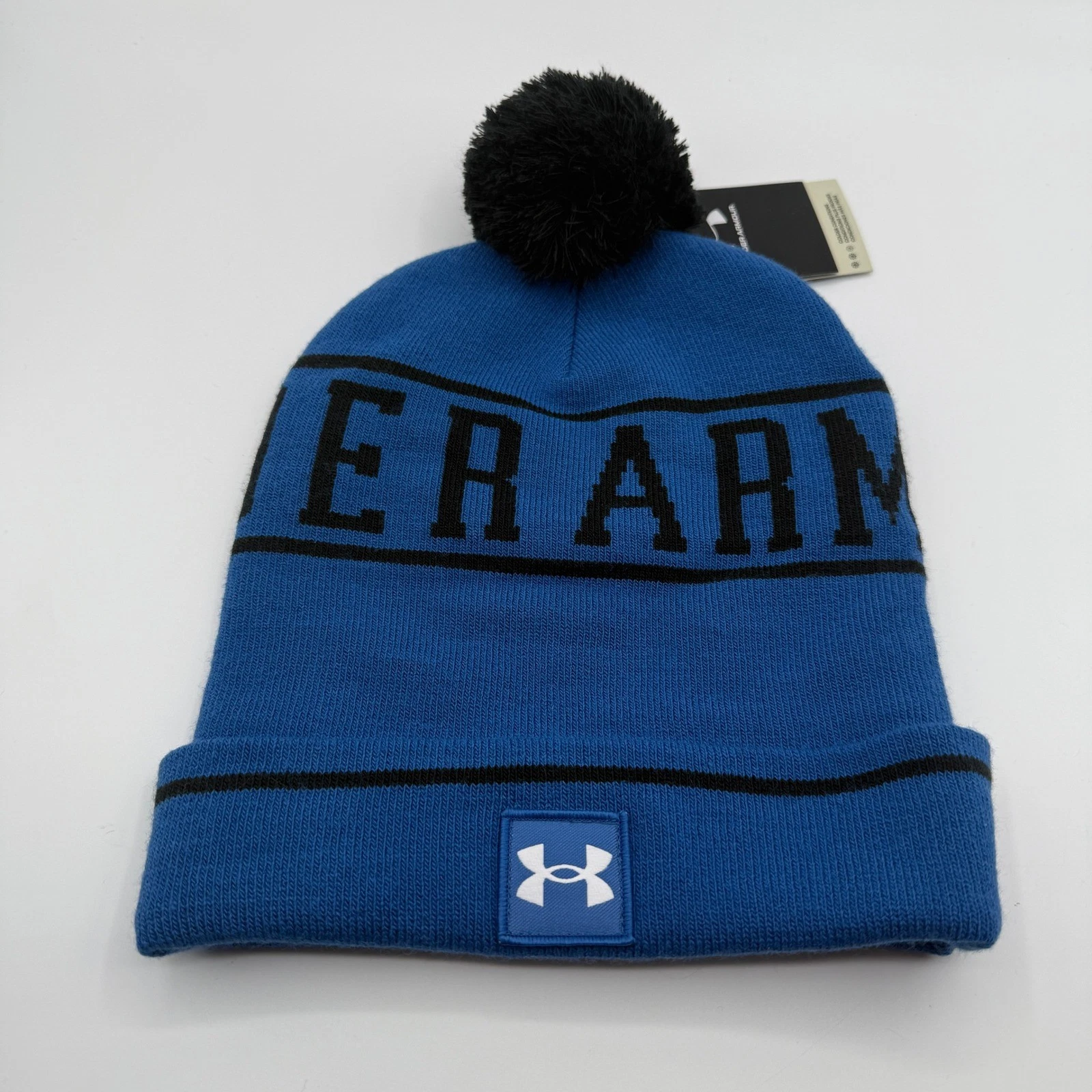 Under Armour Hat Beanie Mens Blue Half Time Fleece Pom Beanie Hat OSFM Cold NEW