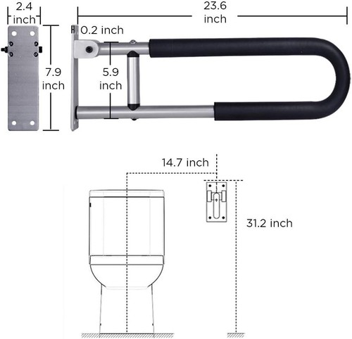 VEVOR Folding Toilet Safety Rail 23.8 Inch 300 Lbs Load Capacity Handicap Grab - Picture 3 of 7