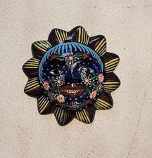 Mexican Sun Face Folk Art Talavera Pottery Hand Painted Flowers 6.5"