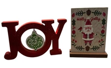 Red Joy Sign & Holly Jolly Santa Plaque Wood Holiday Christmas Decor Set