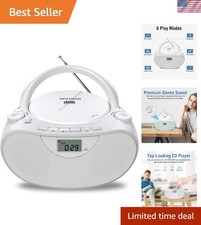 Compact White Bluetooth Boombox with Top-Loading CD Player  Radio Functionality