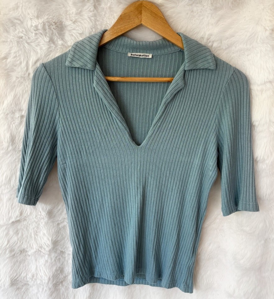 REFORMATION Collared Blue Thomas Knit Top Blouse Size S
