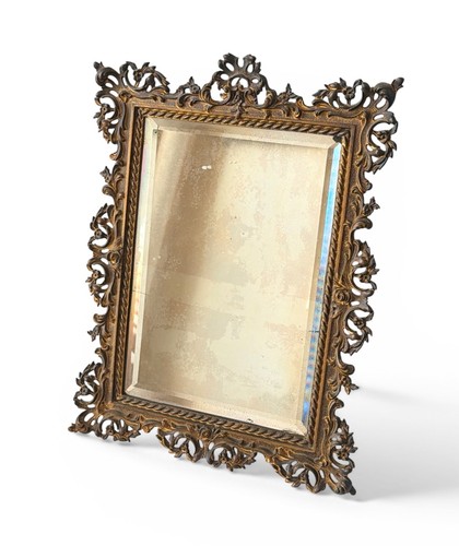 Vintage Ornate Metal Vanity Mirror Frame w/ Aged Glass 11.5” Baroque Style Decor