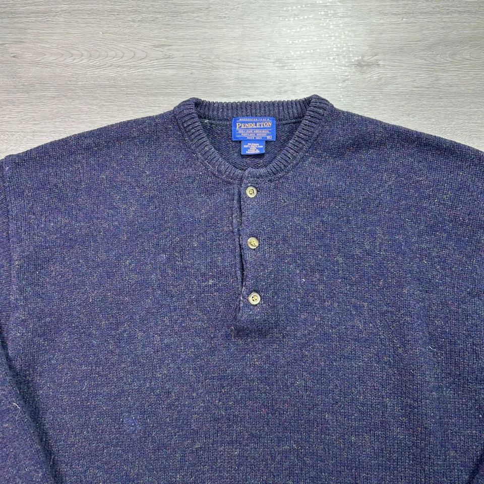 Pendleton Sweater Mens XL Navy Heather Shetland Wool Henley 3-Button Pullover - Image 3 of 4