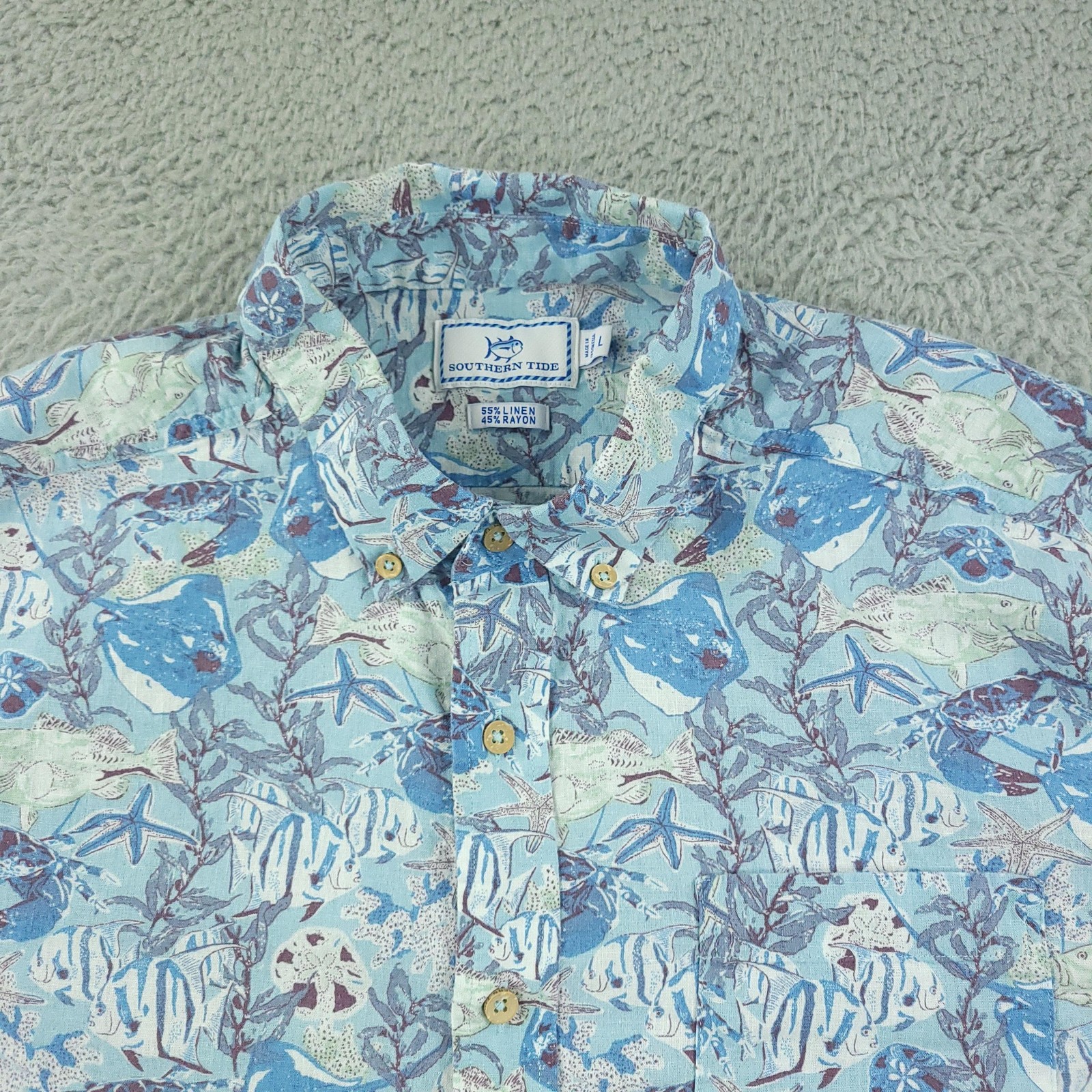 Southern Tide Shirt Mens Large Blue Ocean Fish Print Linen Rayon Short Sleeve