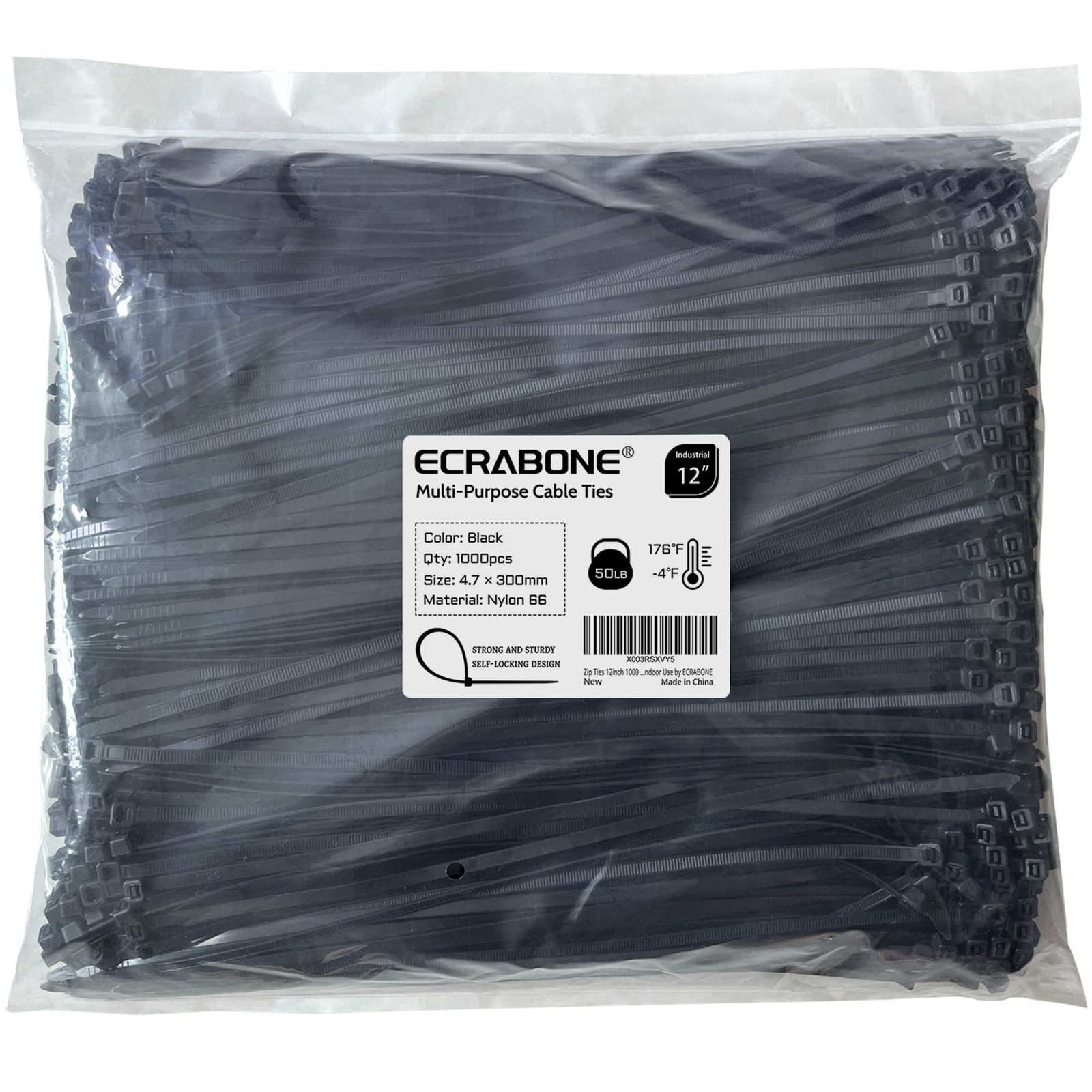 12-Inch Black Zip Ties 1000-Pack 50 lbs Tensile Strength Nylon Cable Ties