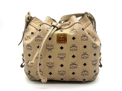 MCM Bucket Drawstring Bag Elfenbein Beuteltasche Tasche Logo Print