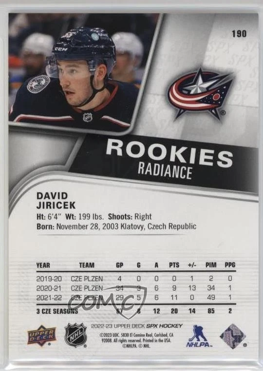 2022-23 SPx Rookies Radiance /100 David Jiricek #190 Rookie RC - Image 2 of 2