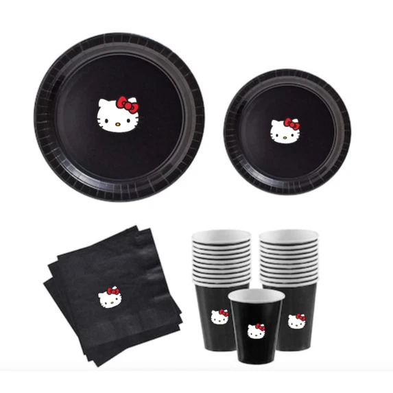 Juego de suministros de fiesta para gatitos, tema blanco y negro, platos tazas y servilletas Foto 4 de 4