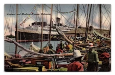 Vintage Nassau Bahamas Postcard Primitive Sloops & Modern Liner