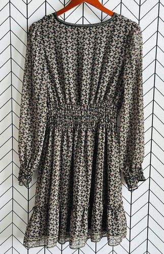 Max Studio Kleid groß schwarz Blumen Langarm V-Ausschnitt gerafft Taille knielang - Bild 5 von 13