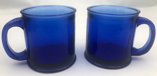 2 Spain Made Barnes & Noble Blue Cobalt Glass Mug Coffee Tear Rim Handled Mugs - Picture 2 of 8