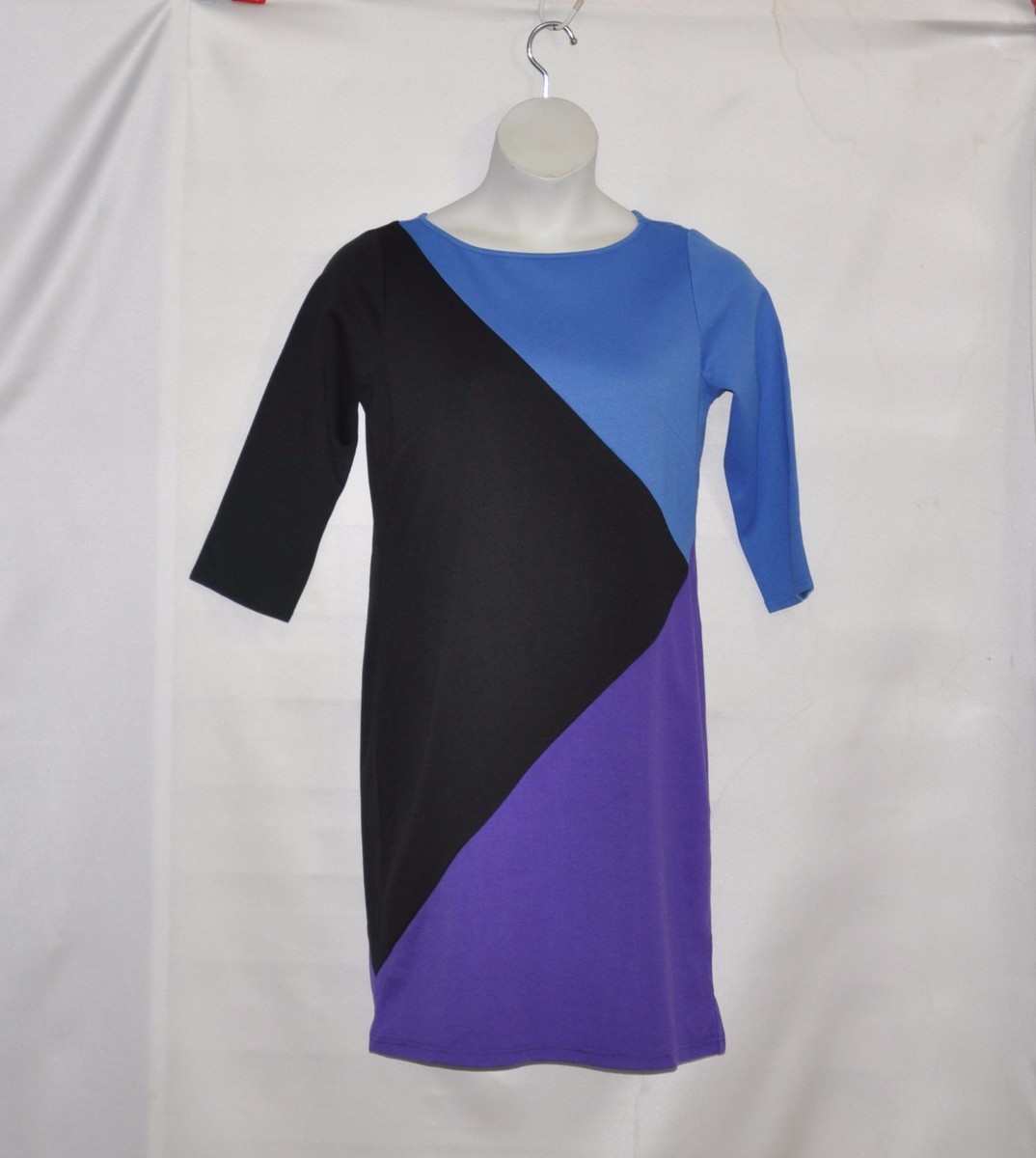 Bob Mackie Colorblock 3/4 Sleeve Dress Size S Purple/Blue/Black | eBay
