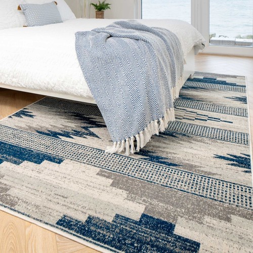 Blue Grey Area Rug Modern Aztec Design Carpet Runner Entrance Floor Mat Bedroom - Picture 3 of 8
