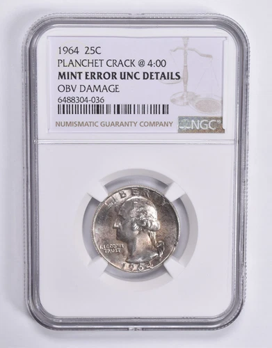 MINT ERROR 1964 Washington Quarter Planchet Crack @ 4:00 NGC *1856