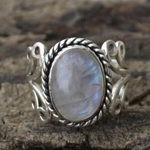 Women's Boho Natural Gemstone Sterling 925 Silver Rainbow Moonstone Ring~