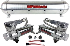 airmaxxx 5 gallon aluminum air tank raw finish & dual air compressors 580 chrome