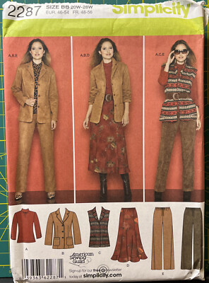 Simplicity Pattern 2287 Top Jacket Vest Skirt Pull-On Pants PLUS 20-28 UNCUT