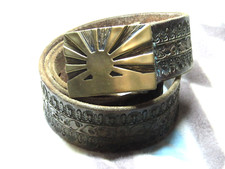 ABSTRACT SUNRISE SUNSET BRASS HIPPIE BELT BUCKLE W/ LEATHER BELT VINTAGE 1970s