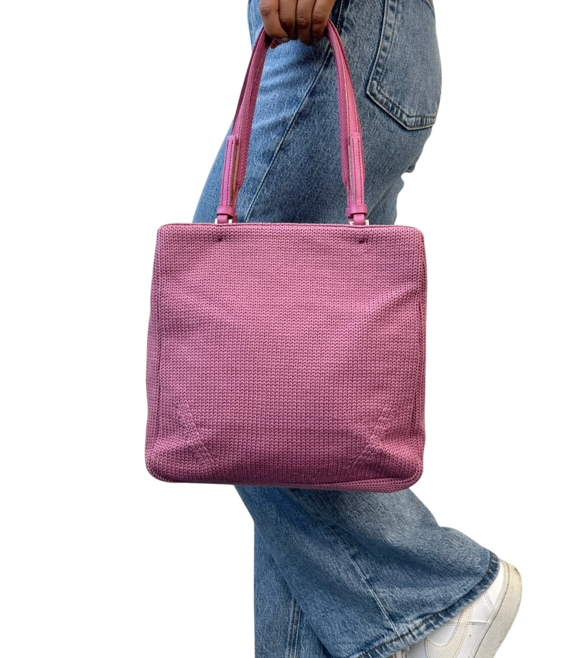 PRADA Vintage Logo Knit Tote Bag Shoulder Bag Pink Silver Wool Leather - Image 3 of 4