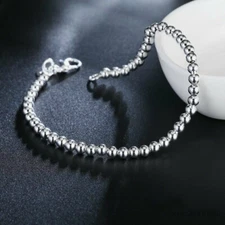 4/6/8/10mm Woman 925 Silver Plated Beaded Ball Chain Bracelet Bangle 7.9in