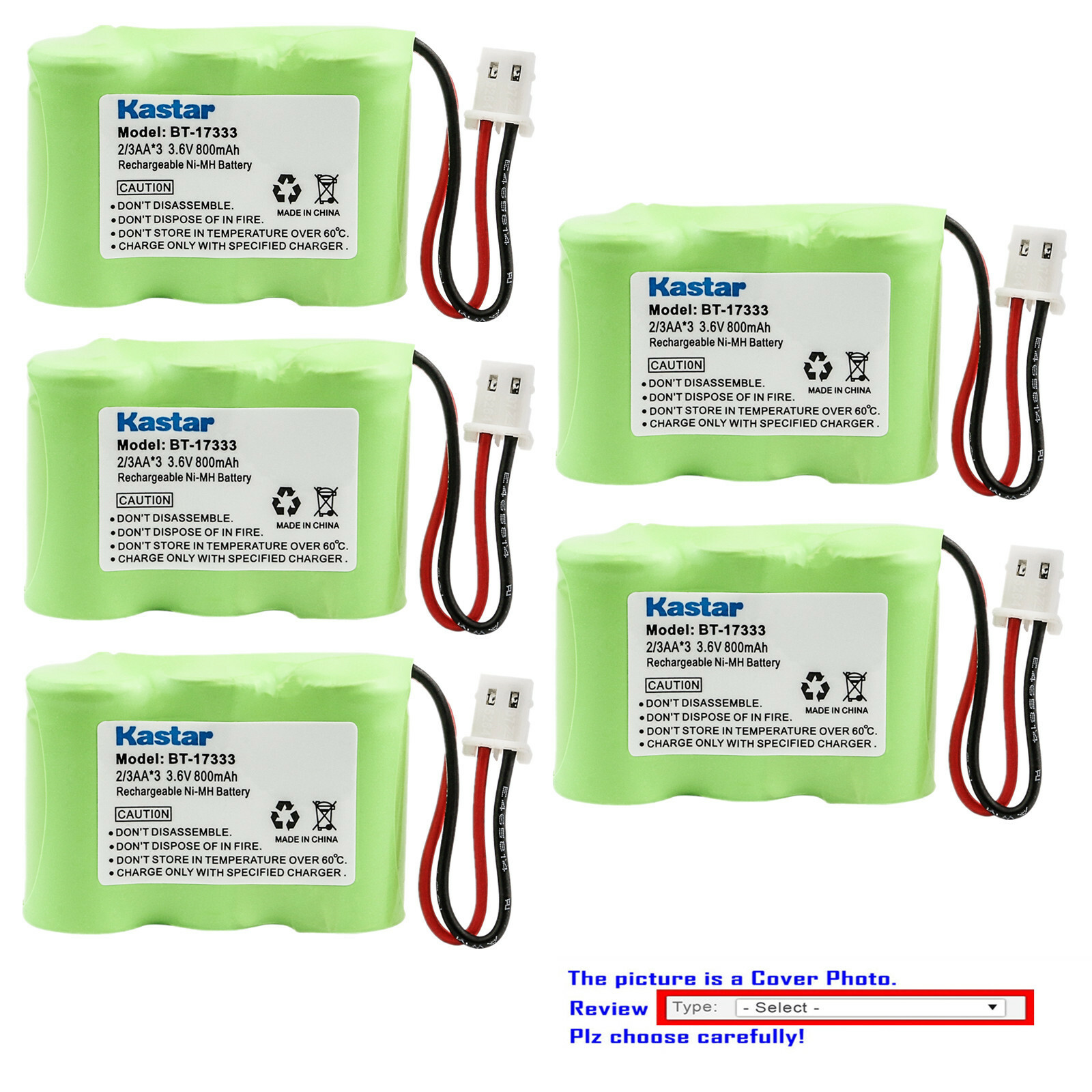 Kastar Paquete De 5 Baterías De Repuesto HHR-P104 Para Panasonic KX-TGA523M KX-TGA541S KX-TGA541W KX-GA542B KX-TGA542M KX-TGA542S KX-TGA542W KX-TGA545S KX-TGA546S KX-TGA547S KX-TGA5 48B KX-TGA548R