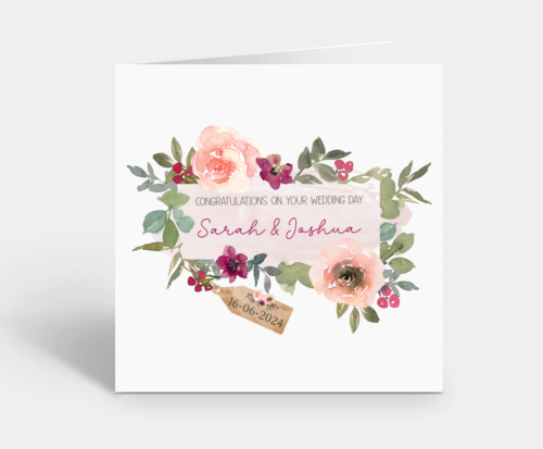 Personalised Wedding Day Card Pink & Burgundy Rustic Floral Design Friends - Picture 1 of 2