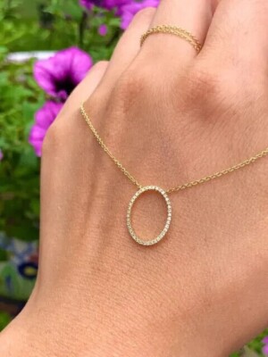 14K Yellow Gold Plated 0.20 Ct Round Simulated Diamond Oval Shape Pendant Chain