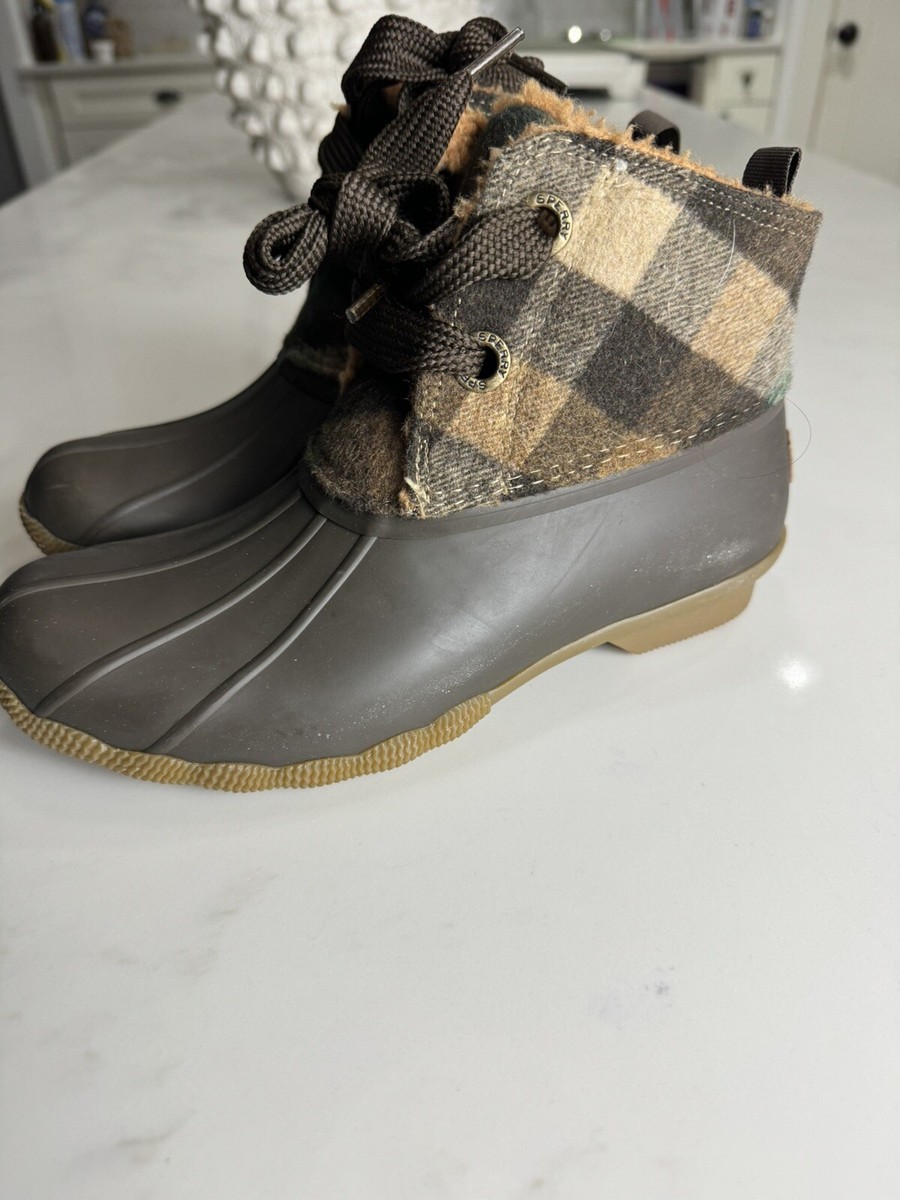 Sperry Women's Saltwater 2-Eye Plaid Wool Duck Boots Brown/Green Sz M
