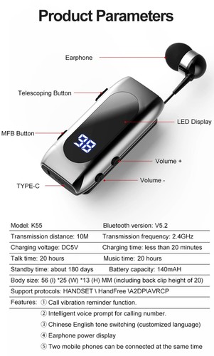 Bluetooth Headset Wireless Headphone Hands-free Call Earphone for iOS Android - Photo 7 sur 24