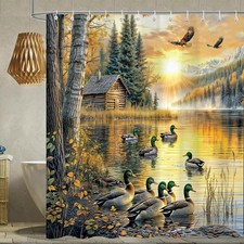 Rustic Cabin Shower Curtain, Country Farmhouse Duck Natural Forest Lake Scene...
