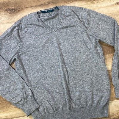 Perry Ellis V-Neck Sweater Mens Medium Minimalist Cotton Viscose Gray Classic