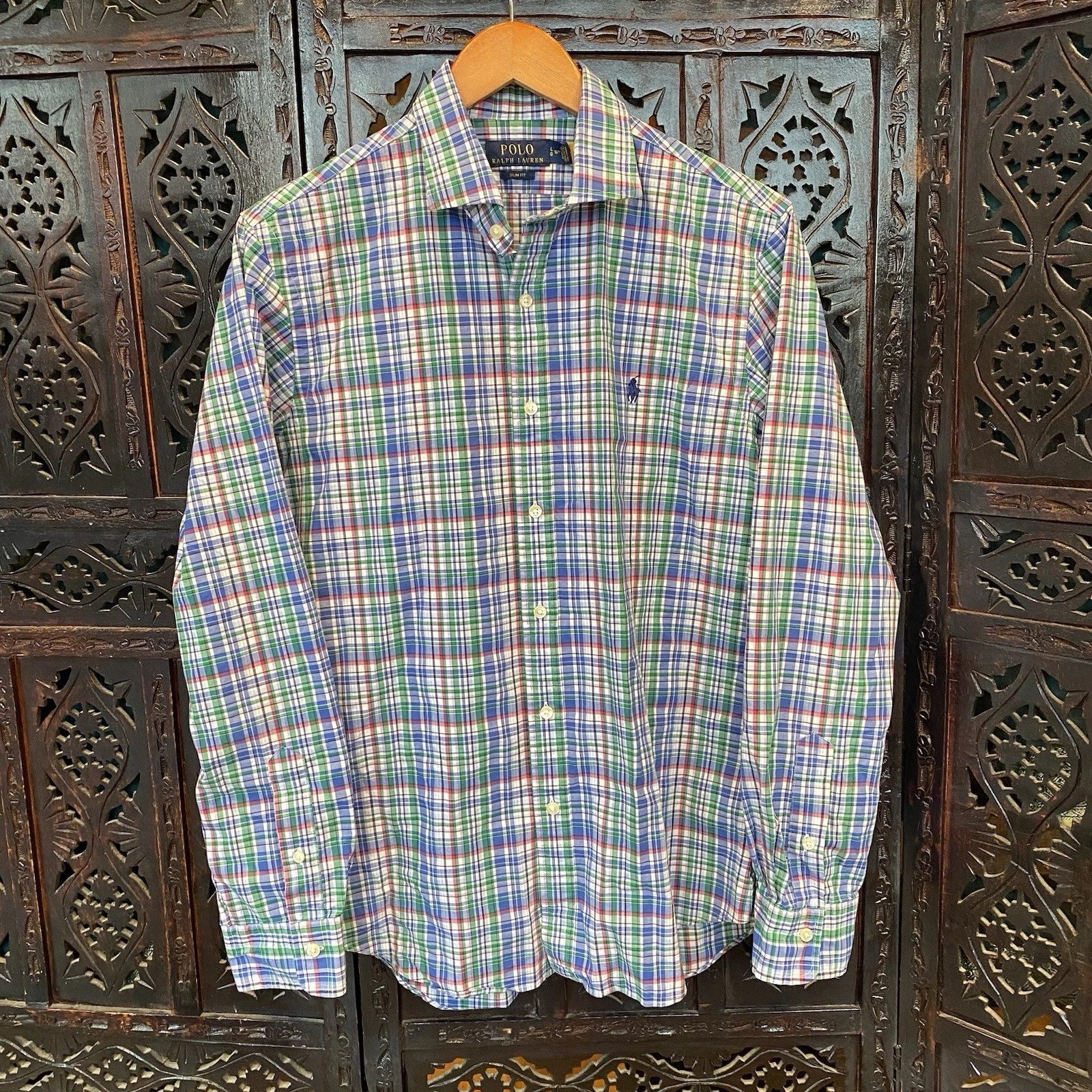 Polo Ralph Lauren Button Shirt Mens 16.5 L Slim Fit Plaid Poplin Stretch Pony