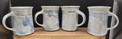 Set of 4 Tested by Fire Pottery Praise God Blue Stoneware Mugs signed Rob Grimes