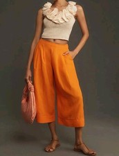 Maeve Anthropologie Linen Blend Pleat-Front Wide-Leg Culottes Pants Orange Sz 8